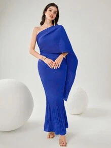 Modelyn Women's Elegant Solid Color Slim Fit Asymmetrical Collar Fish-Tail Long Dress