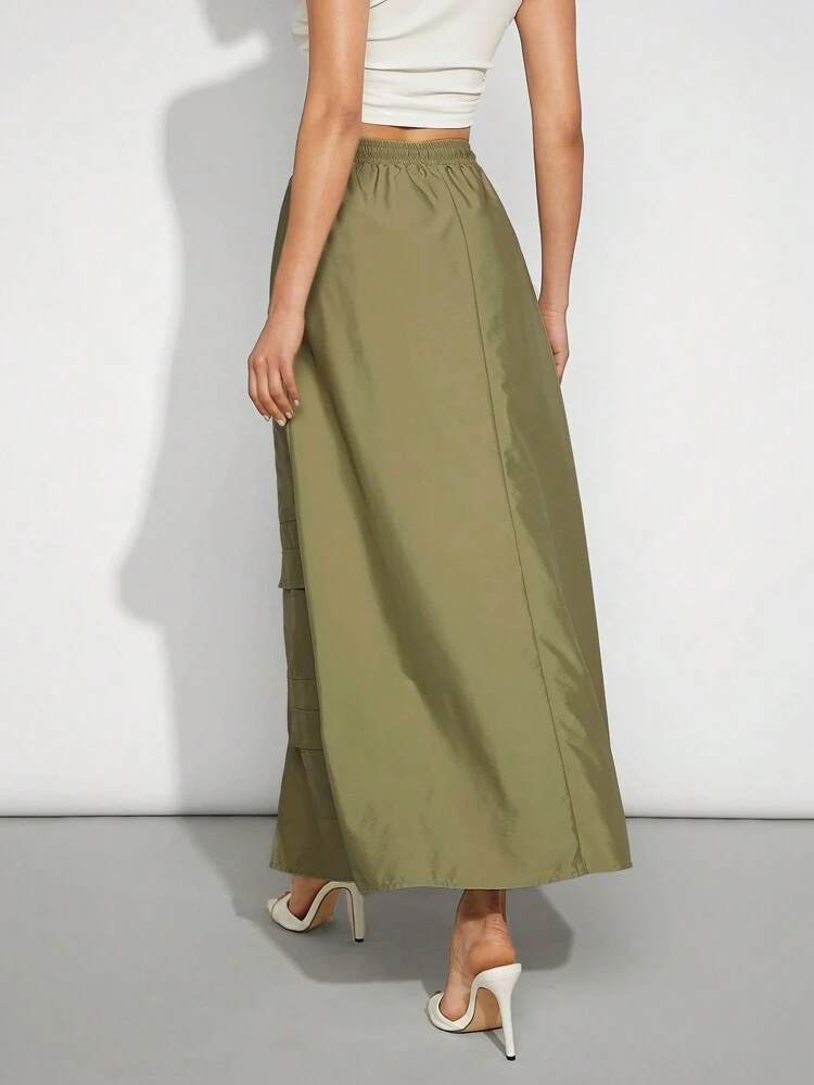 Casual Flap Pocket Split Thigh Long Cargo Skirt
