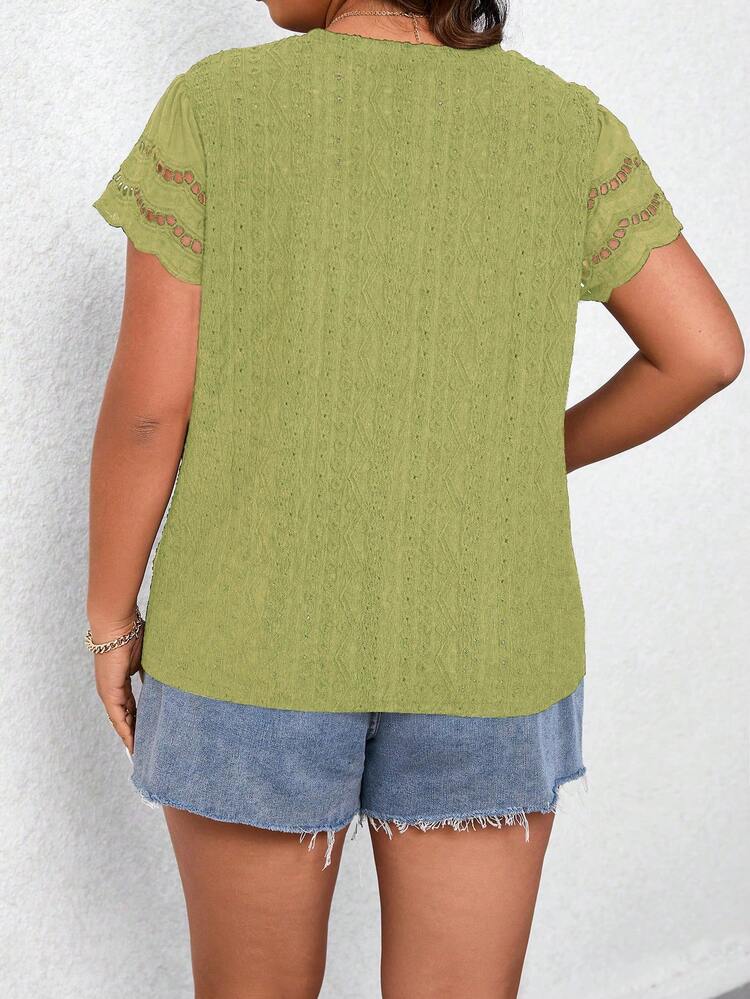 Plus Size Women Solid Color Hollow Out Short Sleeve Casual T-Shirt For Summer