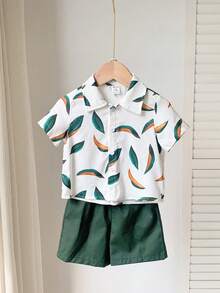SHEIN Baby Boy Casual Short Sleeve Leaf Pattern Shirt And Elastic Waist Shorts Set - Multicolor - View 3