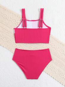 Young Girl Flower Printed Color Block Patchwork Bikini Set Summer Beach