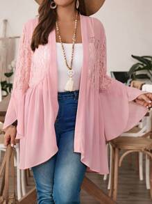 EMERY ROSE Plus Size Women'S Summer Black Cardigan Chiffon And  Lace Splice Ruffle Sleeve Top - Pink - View 5