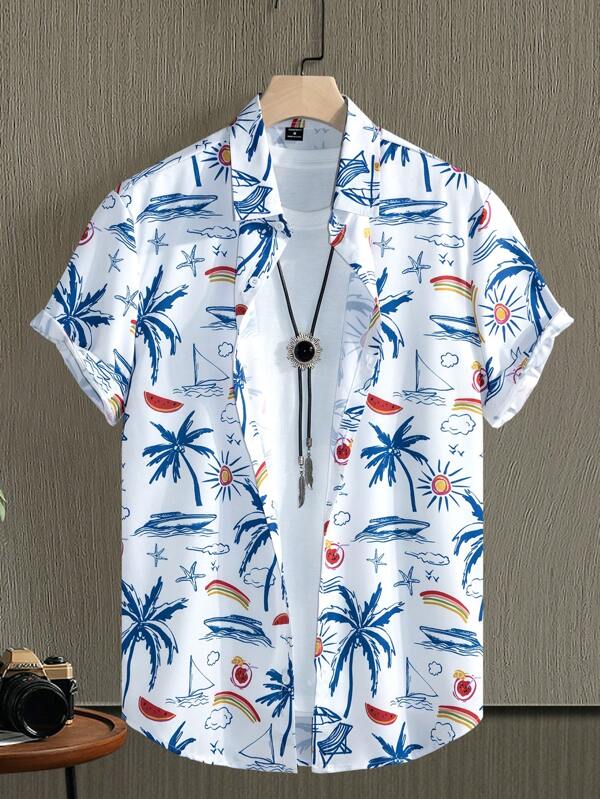 Manfinity RSRT Men Short Sleeve Button Down Casual Vacation Floral Graphic Printed Collar Shirt For Summer