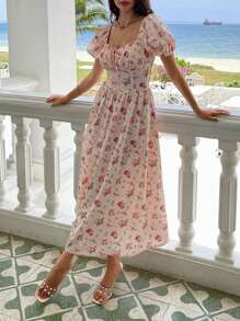 KARISMINA Holiday Women's Floral Print Puff Short Sleeve Dress,For Summer Vacation, Women Summer Clothing