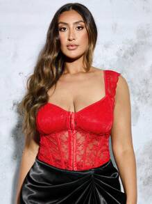 SHEIN BAE Women's Plus Size Red Lace Corset Top With Fishbones And Sheer Details For Summer - Red - View 3
