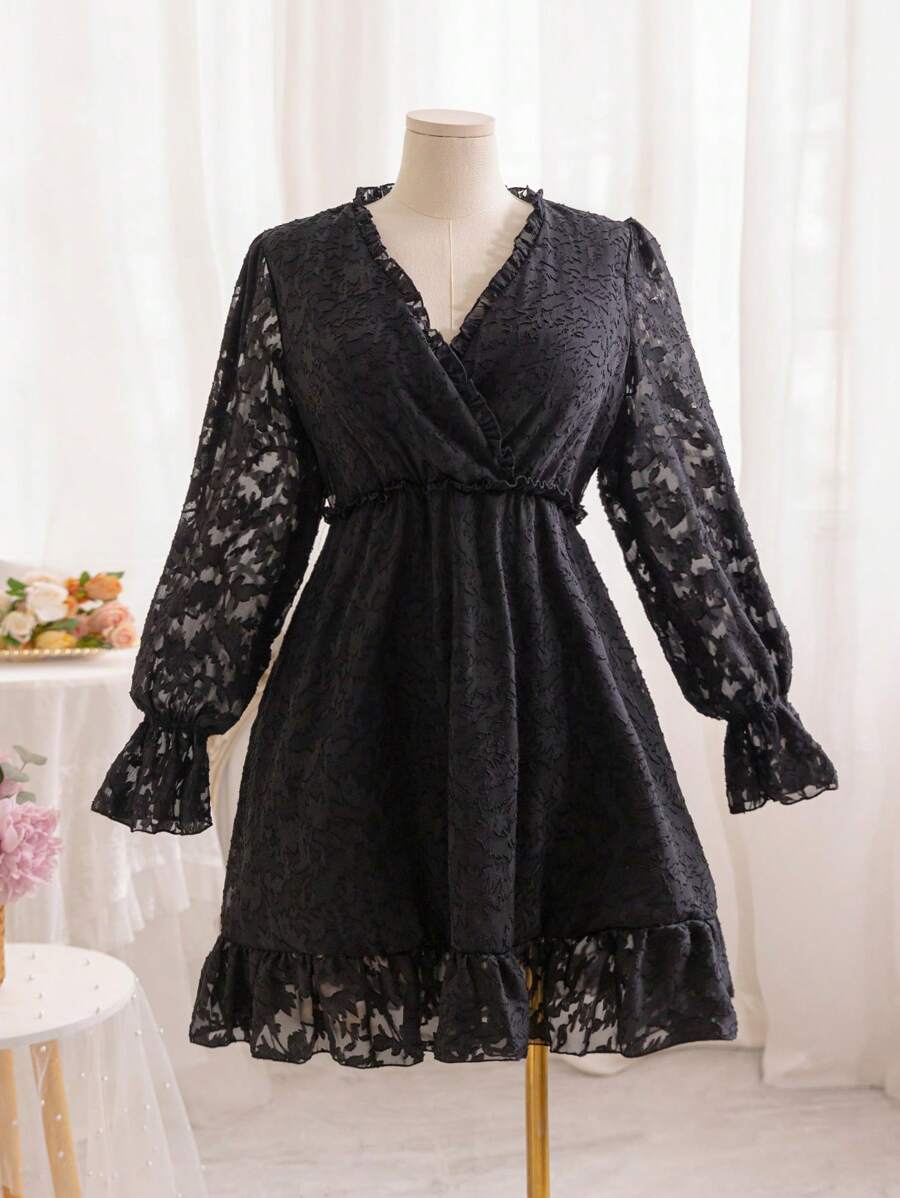 SHEIN WYWH CURVE Resort Textured Fabric V-Neck A-Line Dress - Black - View 1
