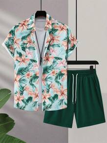 Manfinity RSRT Men's Tropical Print Short Sleeve Hawaiian Shirt And Solid Color Shorts Set For Beach Vacation - Green - View 3