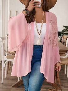 EMERY ROSE Plus Size Women'S Summer Black Cardigan Chiffon And  Lace Splice Ruffle Sleeve Top - Pink - View 4