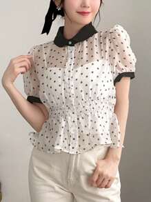 FRIFUL Polka Dot Color Block Elastic Waist Women Shirt,Ruffle,Crop Tops Women - White - View 1