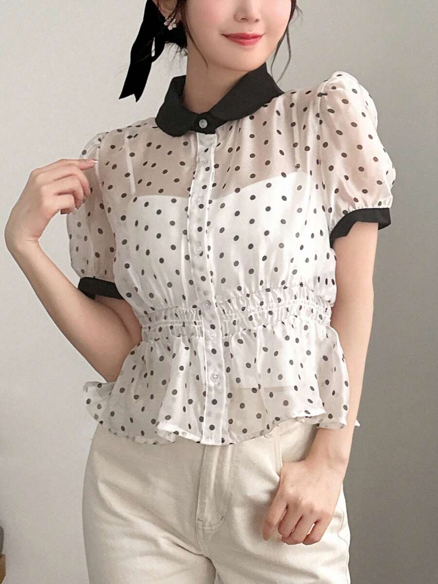 FRIFUL Polka Dot Color Block Elastic Waist Women Shirt,Ruffle,Crop Tops Women - White - View 1