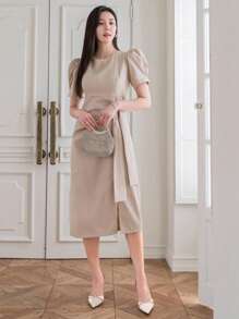 DAZY Women's Fashion Solid Color Short Sleeve Dress - Apricot - View 4