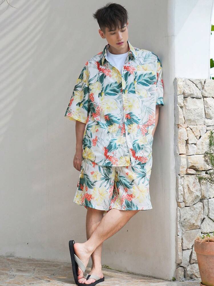 Men's Summer Floral Print Shirt And Pants Set