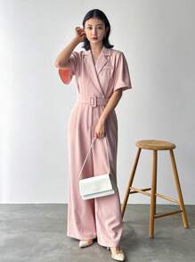 FRIFUL Women Solid Color Lapel Short Sleeve Casual Shirt With Wide Leg Jumpsuit For Summer - Pink - View 1