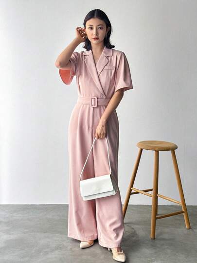 FRIFUL Kvinnor Enfärgad Lapel Kortärmad Casual Skjorta Med Wide Leg Jumpsuit för sommaren