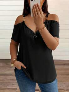 SHEIN LUNE Plus Size Women Summer Solid Color Patchwork Chain Short Sleeve Casual T-Shirt - Black - View 4