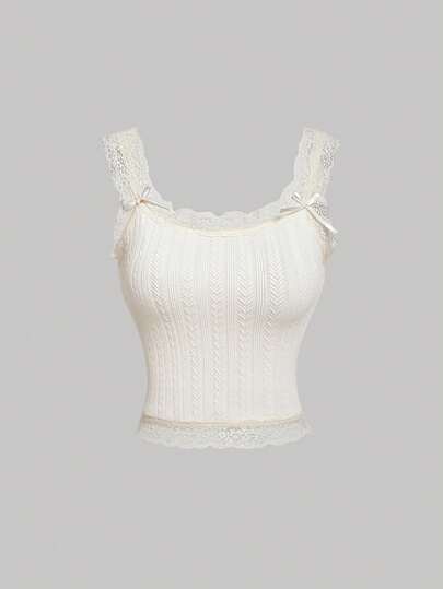 SHEIN MOD Beige Lace Trimmed Jacquard Texture Tank Top Decorated With Ribbon Bowknot And Silky Ribbons