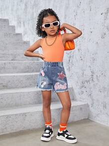 SHEIN Regata Sólida Para Garotas Jovens Com Shorts De Comprimento Desfiado Em Jeans E Patches De Coração E Letra