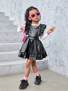 SHEIN Explorewe Young Girl PU Ruffle Trim Overall Dress