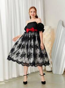 SHEIN Teen Girl Elegant Black And White Contrast With Red Bow Belt Sheer Embroidery Knit Strap Dress