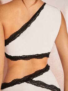 SHEIN BAE 女士緊身中長裙，白色，夏季時尚優雅中空單肩花邊拼接色塊連身裙適合假日 - 白色 - 查看 4