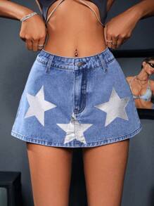 SHEIN ICON Women Star Printed Simple Daily Denim Skirt - Blue - View 3