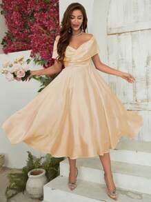 SHEIN Belle Elegant Solid Color Off Shoulder Cinched Waist Flare Dress For Spring And Summer, Semi Formal Dress - Champagne - View 6