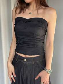 DAZY Dames zomer effen kleur rekbare ruches slim fit cropped tube top