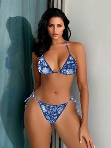 SHEIN Swim Random Printed Bikini Set For Beach Vacation,Summer Beach - Blue and White - View 2