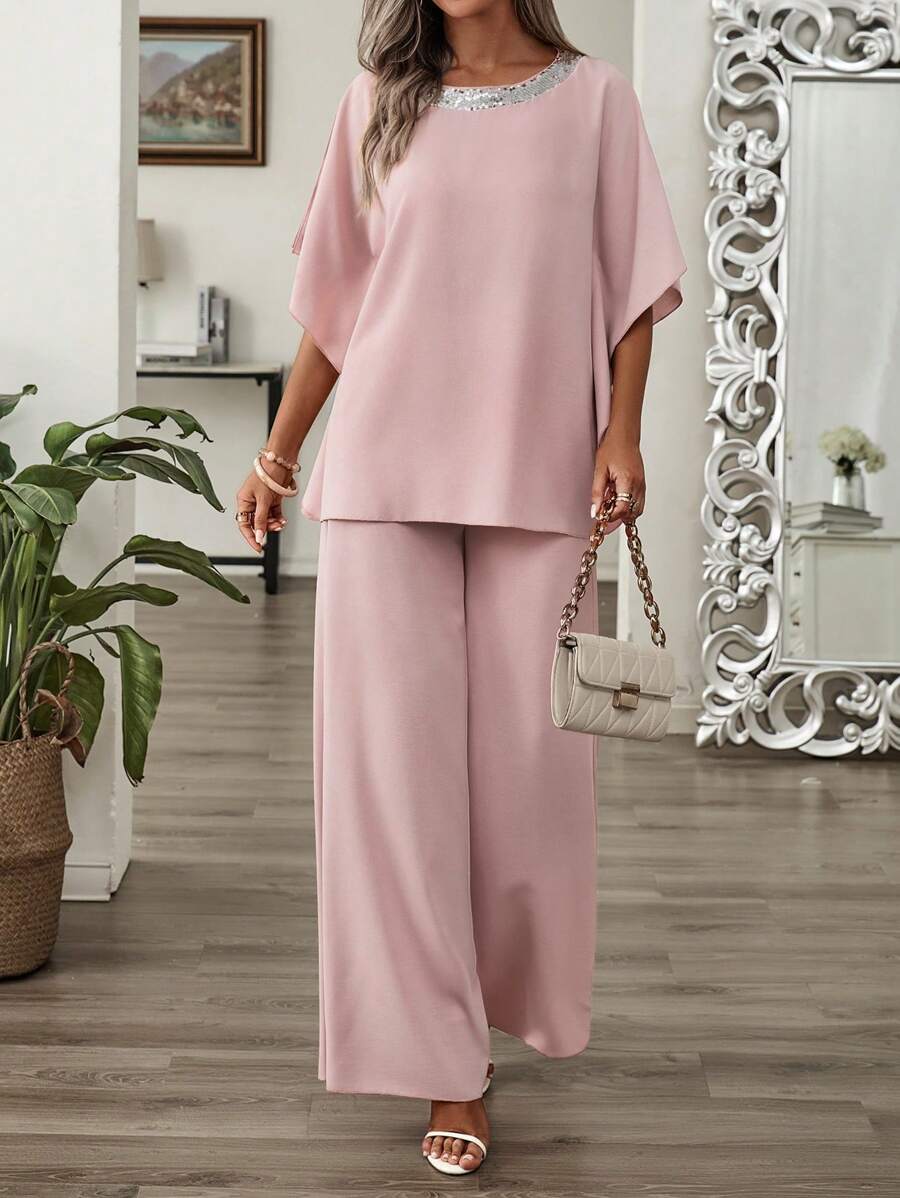 EMERY ROSE Conjunto de dos piezas de top de manga media y pantalón largo de unicolor simple para dama - Rosa - Ver 1