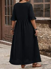 EMERY ROSE Robe longue imprimée asymétrique en lin blanc et bleu avec taille élastiquée et imprimé de pissenlit pour femmes grandes tailles pour les vacances et les loisirs en été - Noir et Blanc - Voir 2