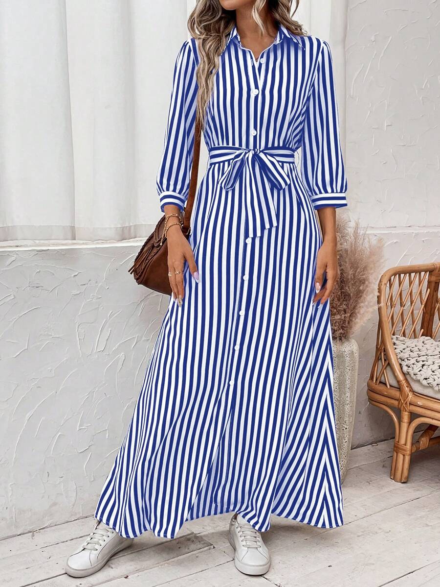 SHEIN X JIMENA & MATEO Chiquease Women's Striped Shirt Dress Maxi Women Outfit - Blue - View 1
