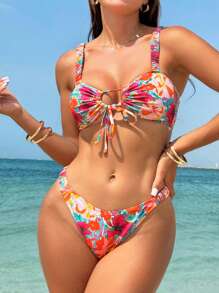 SHEIN Swim Women Bikini Set, Bikini Set With Floral Print Adjustable Shoulder Straps And Ruched Design With Wireless,Summer Beach - Multicolor - View 5