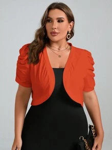 SHEIN Clasi Plus Puff Sleeve Open Front Crop Jacket Winter Fall Autumn - Red - View 3