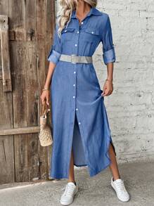 EMERY ROSE Women's Roll Up Sleeve Shirt Dress Maxi Women Outfit Fall Cloth For Women