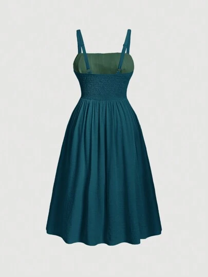 SHEIN MOD Robe longue d'été pour femmes en grande taille, couleur bleu marine unicolore, avec lanières nouées devant, robe corset