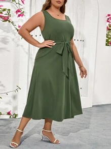 SHEIN Clasi Vestido de verano verde esmeralda de talla grande con cuello cuadrado y lazo para mujer - Verde - Ver 3
