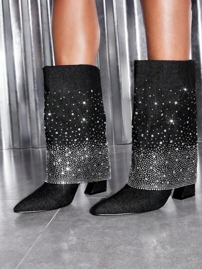 女性牛仔水鑽裝飾時尚靴子,魅力四射戶外經典靴