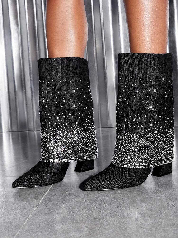 Women Denim Rhinestone Decor Fashion Boots, Glamorous Outdoor Classic Boots