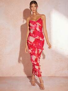 SHEIN BAE 女士時尚波浪邊肩帶中長禮服 - 玫紅色 - 查看 6