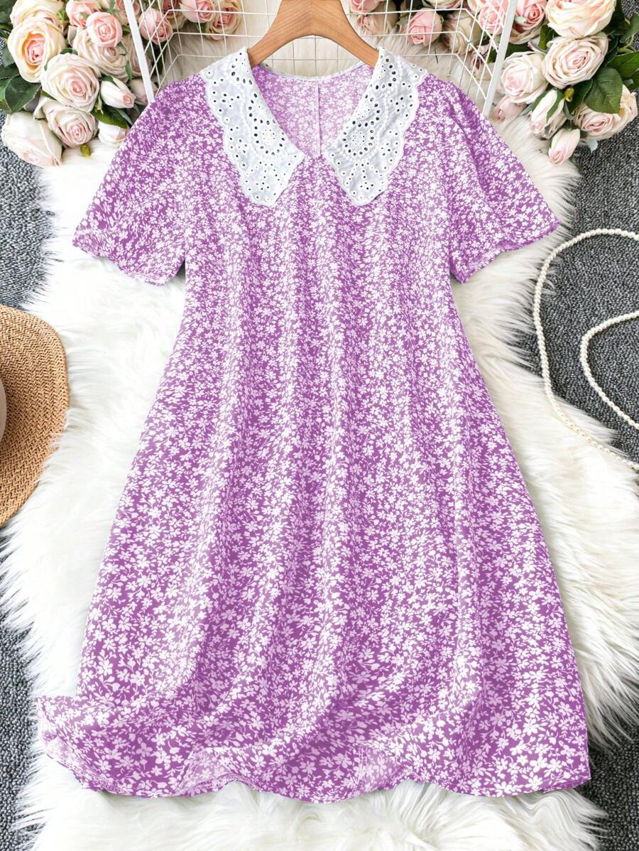 Sunnyshic Plus-Size Nữ Thanh Lịch In Hoa Màu Sắc Tương Phản Cổ Bẻ Váy Ngắn Ngày Lễ - Màu tím - Xem 1