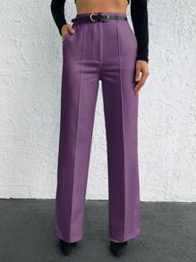 EURMUSE High-waisted Suit Pants With Slanted Pockets And Split Hem - Purple - View 3
