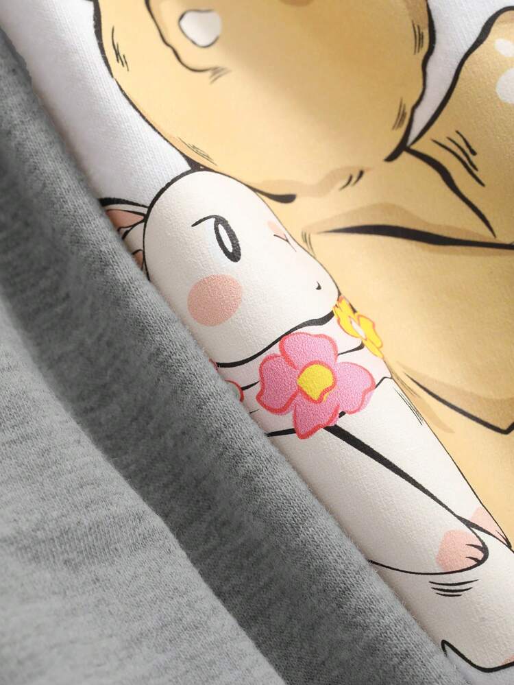 Women's Cute Cartoon Printed Round Neck Short Sleeve T-Shirt And Wide Leg Pants Loose Homewear Set Pajama
