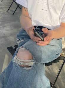 DAZY Men Straight-Leg Jeans With Ripped Design And Pockets, Suitable For All Seasons - Light Wash - View 7