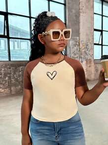SHEIN Tween Girl Extended Size Street-Style Casual Spring And Summer Knitted Patchwork Round Neck Short-Sleeved Top - Khaki - View 4