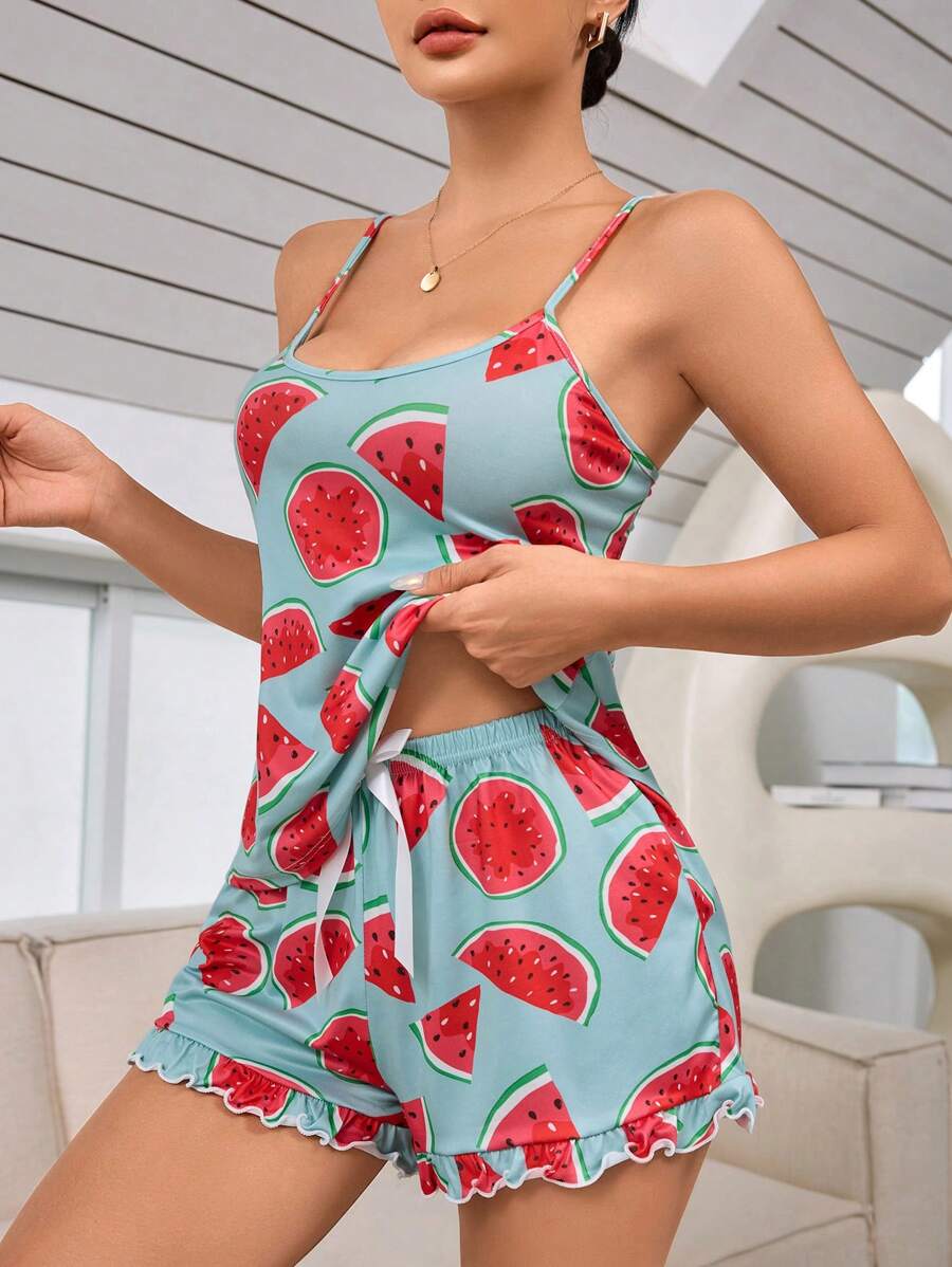 PJS5 Ladies' Watermelon Printed Casual Tank Top And Shorts Pajama Set