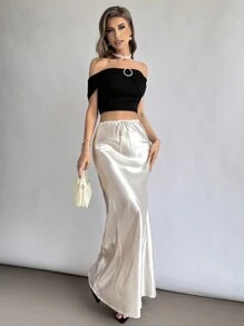 Firerie 女士休闲优雅度假海滩约会纯色缎面低腰抽绳超长裙，适合婚礼/订婚、音乐会/音乐节、毕业典礼 - 米色 - 查看 5