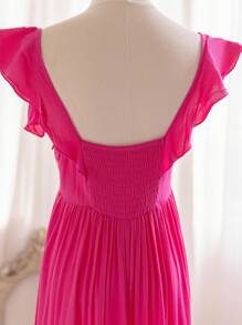 Soleia 女士浪漫花卉 V 领荷叶边饰纽扣前腰收紧分层下摆连衣裙，适合假期、夏季、毕业季 - 玫紅色 - 查看 5