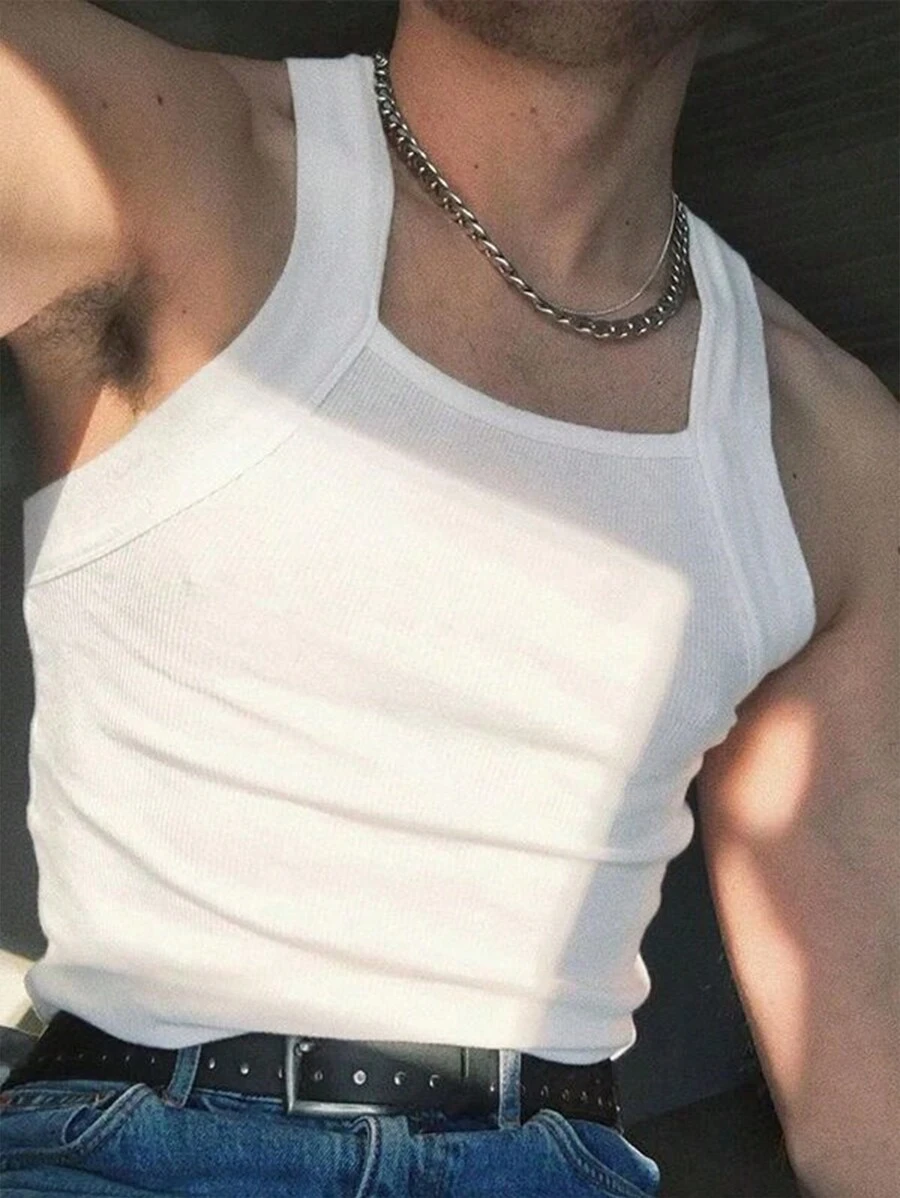 Men's Summer Slim Fit Solid Color Square Neck Tank Top - White - View 1