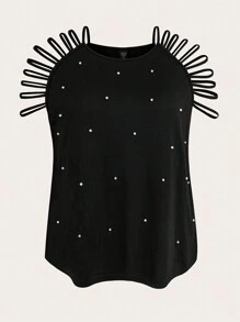 Calvaya Plus Size Women Summer Loose T-Shirt With Hollow Sleeves And Beaded Details - Black - View 1