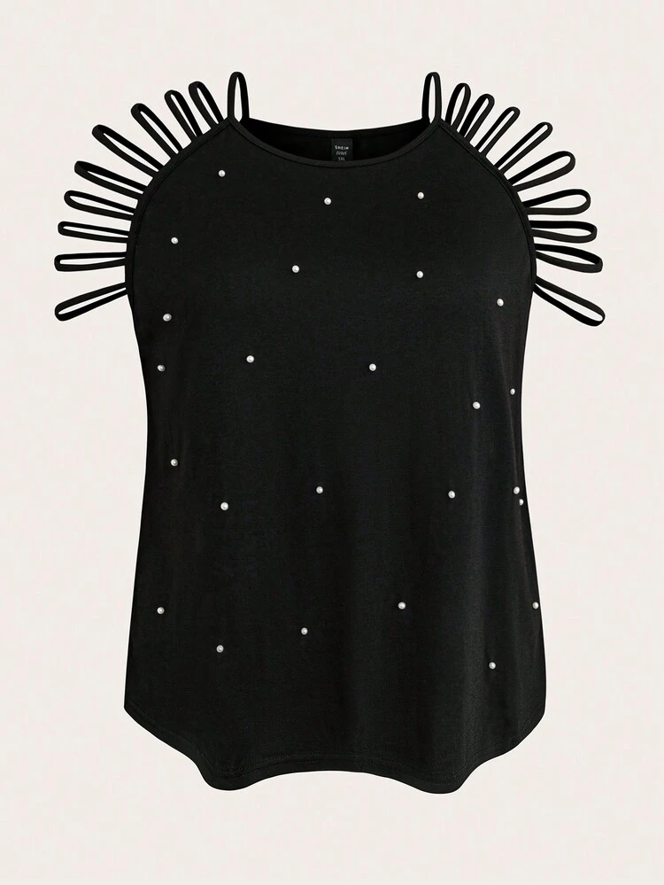 Plus Size Women Summer Loose T-Shirt With Hollow Sleeves And Beaded Details